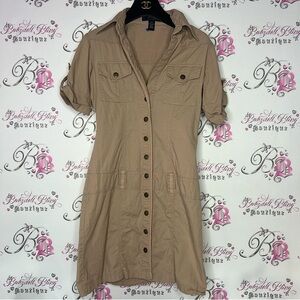 Seduction dress cargo style belt buckle loops snap closure buttons tan military